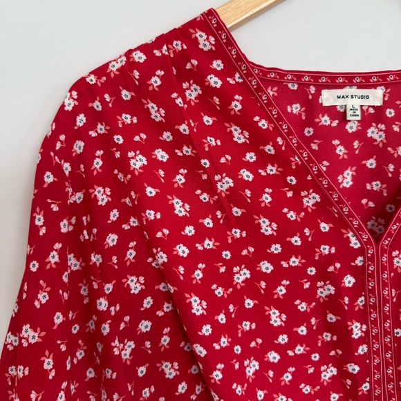 Max Studio Red Floral Tie Waist Angel Sleeve Kimono Style Blouse Size Large - Picture 3 of 11